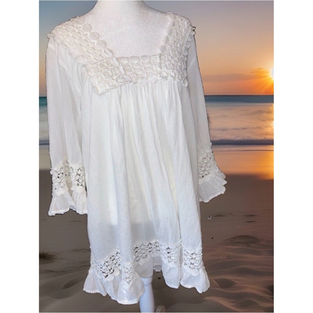White Crochet-Trim Beach Coverup Tunic